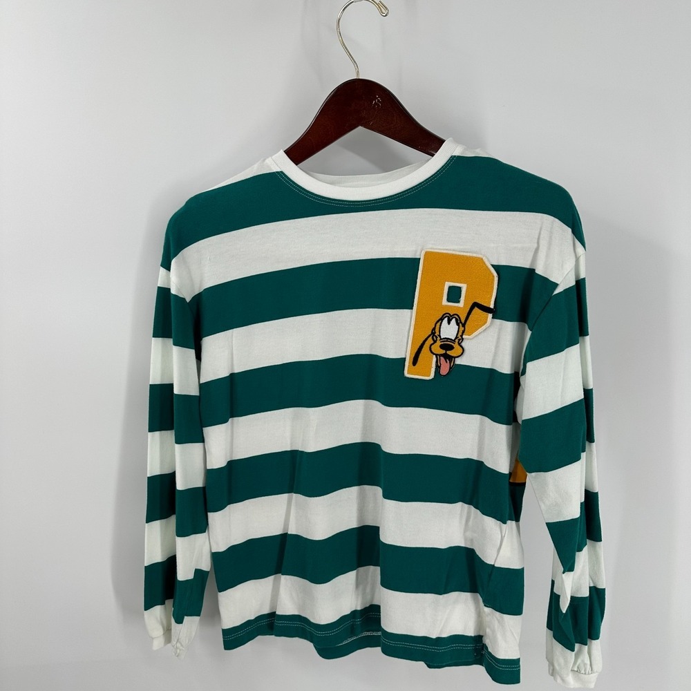 Vintage 90's Disney Harry Lambert Pluto Patch Striped Youth T-Shirt Green White